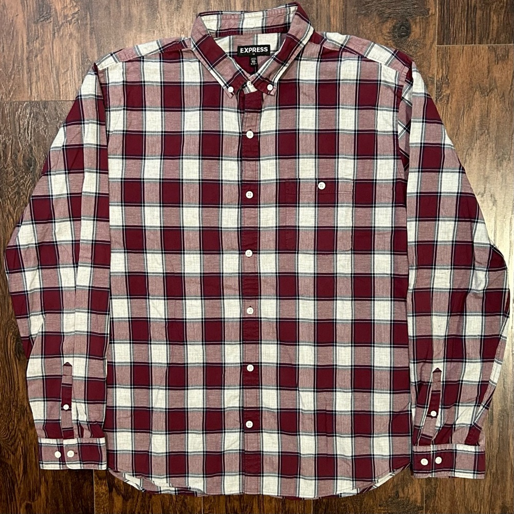 Express Button Up Long Sleeve Shirt Red Burgundy White